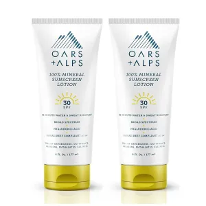 Oars   Alps 100% Mineral Sunscreen for Face & Body, SPF 30 Body Sunscreen Infused with Hyaluronic Acid, Shea Butter & Coconut Oil, All Skin Types, Water & Sweat Resistant, 6oz, 2pk