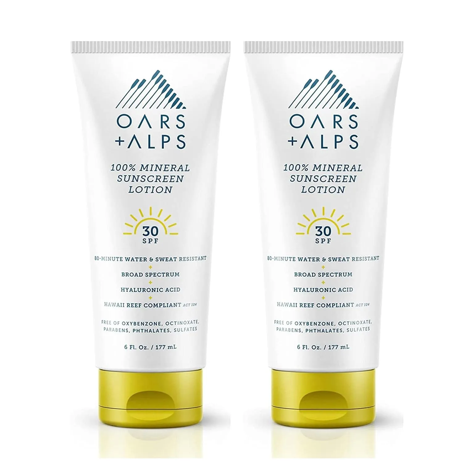 Oars   Alps 100% Mineral Sunscreen for Face & Body, SPF 30 Body Sunscreen Infused with Hyaluronic Acid, Shea Butter & Coconut Oil, All Skin Types, Water & Sweat Resistant, 6oz, 2pk