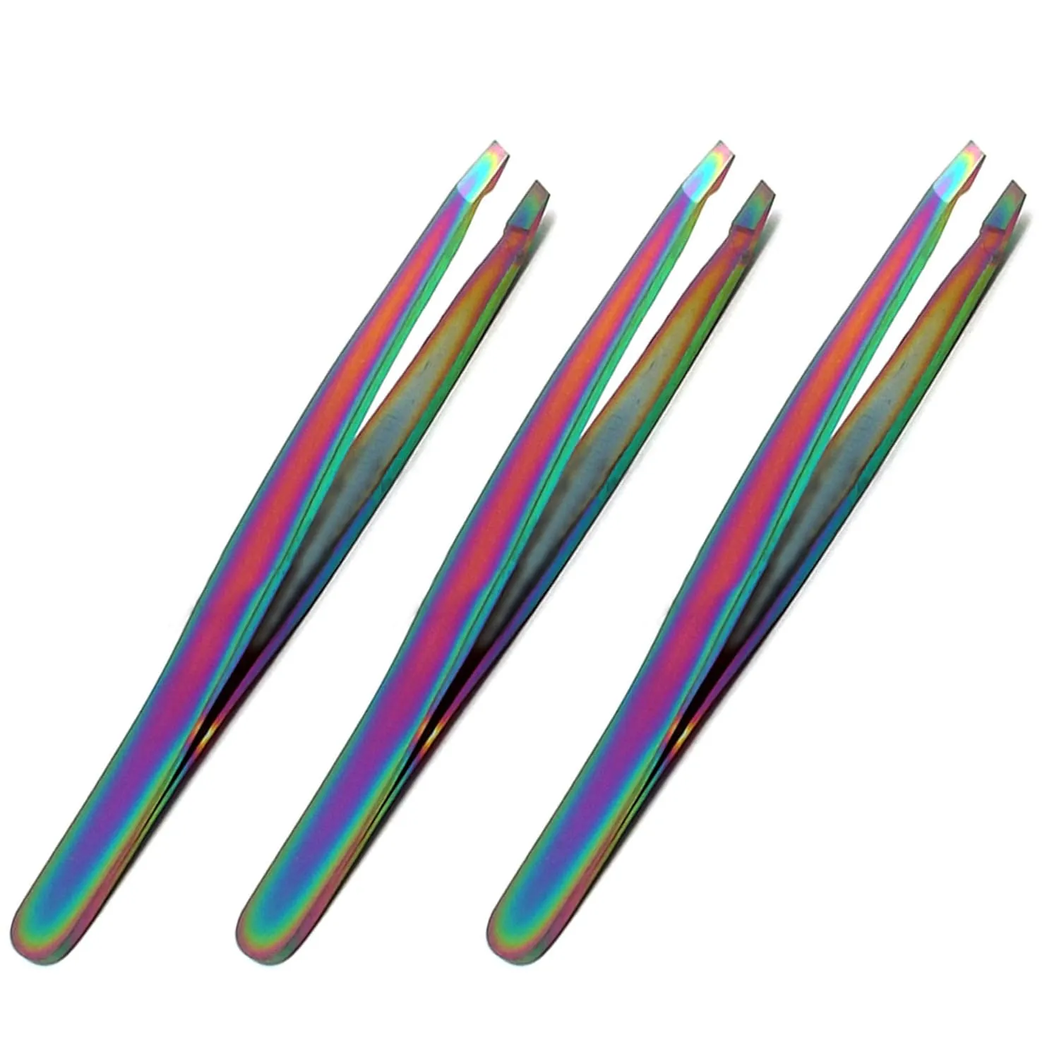 OdontoMed2011® Pack of 3 Rainbow Precision Slant Eyebrow Tweezers for Women & Men - Professional Stainless Steel Tweezers for Eyebrows, Facial Hair & Ingrown Hair Removal