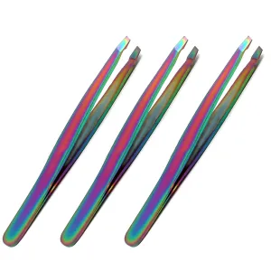 OdontoMed2011® Pack of 3 Rainbow Precision Slant Eyebrow Tweezers for Women & Men - Professional Stainless Steel Tweezers for Eyebrows, Facial Hair & Ingrown Hair Removal