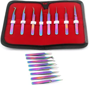 OdontoMed2011® Set of 8 Piece Stainless Steel Multi Rainbow Color Eyelash Extension Tweezers