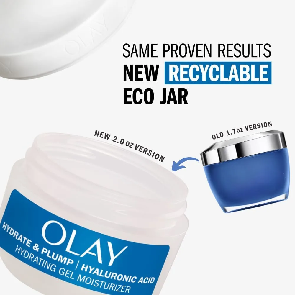 Olay Plump & Hydrate Hyaluronic Gel Face Moisturizer, 2 oz Fragrance Free Hydrating Gel Moisturizer for Dry Skin with Hyaluronic Acid and Niacinamide, Recyclable Eco Jar Packaging