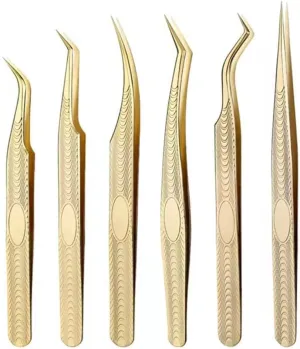 Pack of 6 Eyelash Extension Tweezers, Straight and Curved Tips, Stainless Steel Gold Lash Extension Supplies Kit for Volume lashes and Classic Lashing