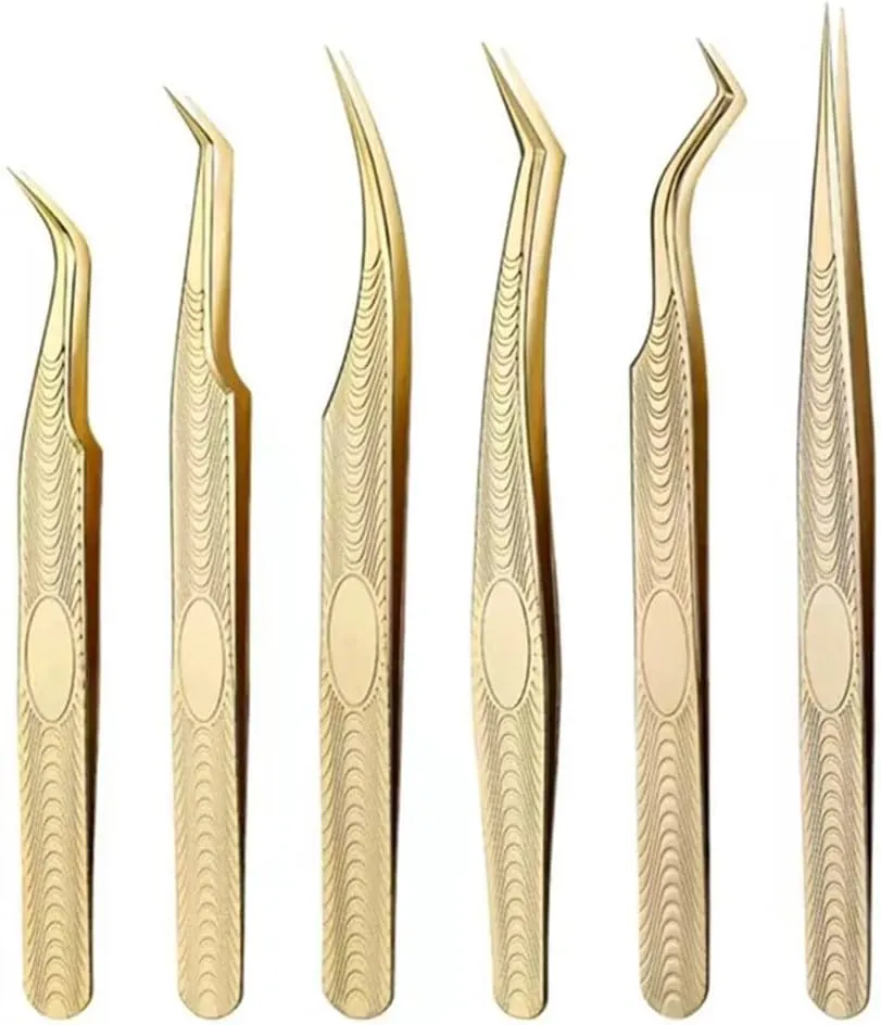 Pack of 6 Eyelash Extension Tweezers, Straight and Curved Tips, Stainless Steel Gold Lash Extension Supplies Kit for Volume lashes and Classic Lashing