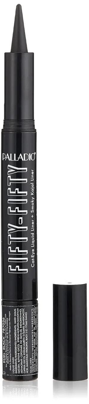 Palladio Fifty-Fifty Eye Liquid Liner, Dual Ended, Professional Eye Styling, Ultra-Soft Kajal crayon and Super Precise Fiber Tip Liner, Smoky and Defined Looks, Smudge Proof, Quick Drying, Black Cat