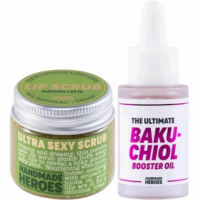 Perfect Pair for Nourished Lips and Radiant Skin - 100% Natural Lip Scrub Matcha Latte and Bakuchiol Booster Oil