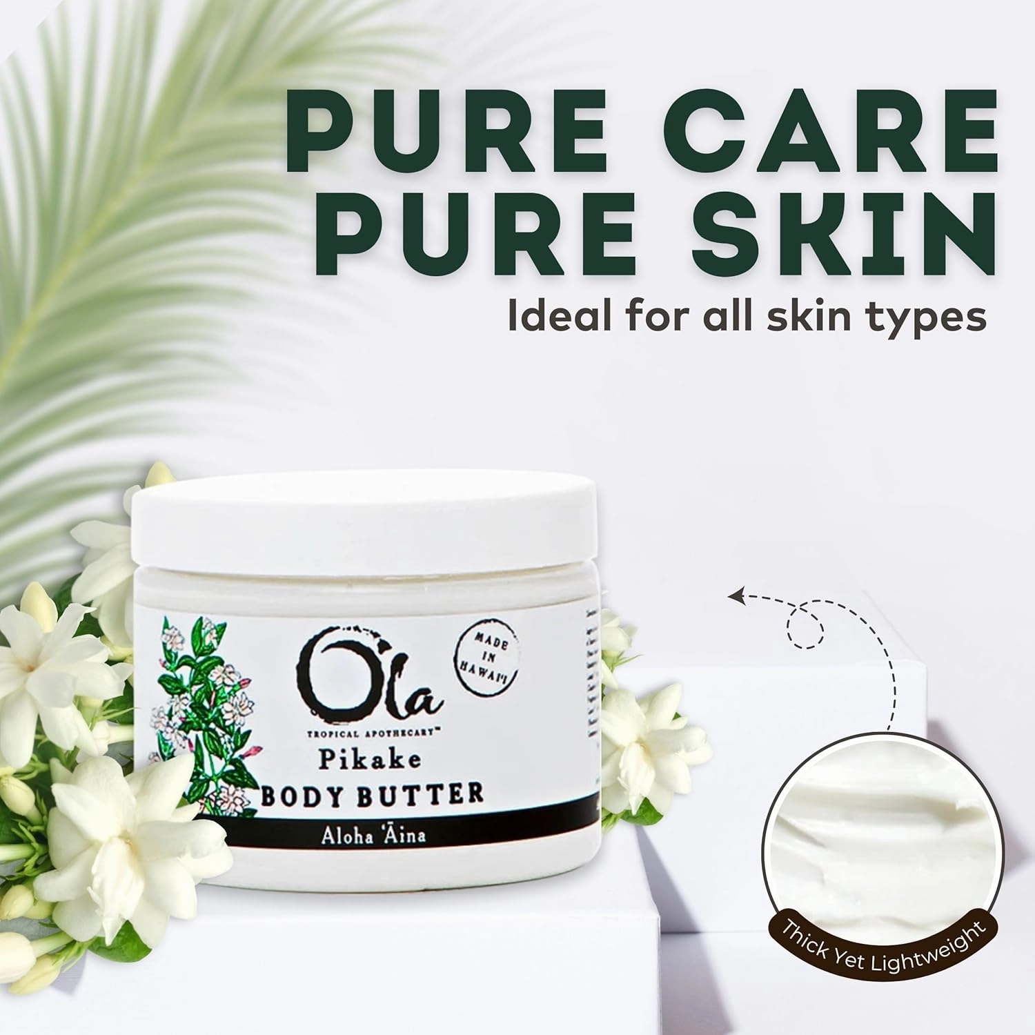 Pikake Body Butter - Nourishing Cream with Organic Coconut Oil, Macadamia Nut and Avocado Butter - Ideal for Dry Skin - 5.6oz