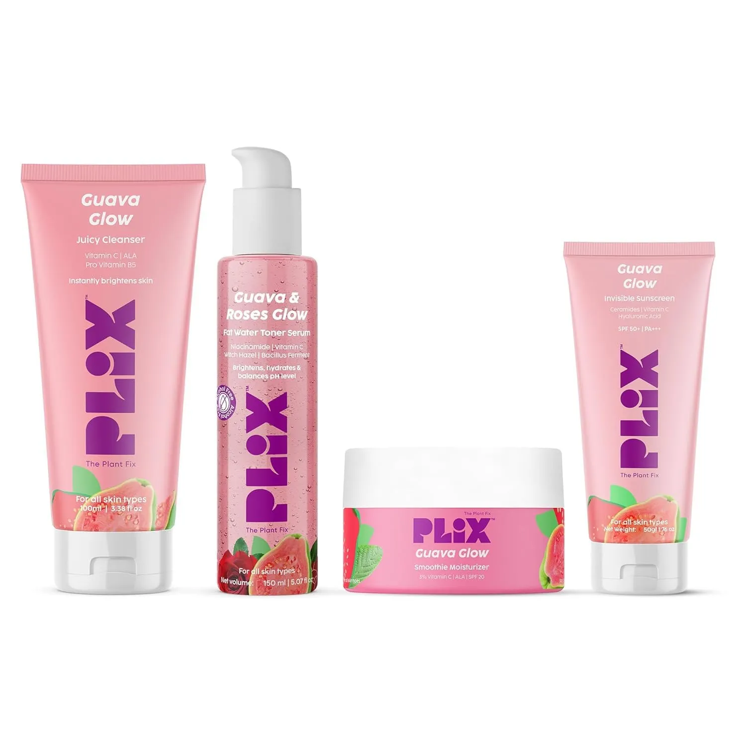 PLI'X - THE PLANT FIX Guava & Roses Regime for Bright Skin & Balanced Skin pH| Hydrating Cleanser| 2-in-1 Toner Serum| Invisible Sunscreen Gel With SPF 50  PA    | For Men & Women| Pack of 4