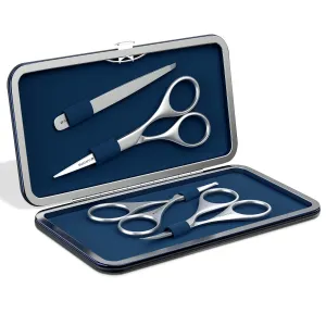 Premium Beard & Mustache Set with Beard scissors for men - Facial Hair/Nose/Eyebrow Scissors - Slant Tweezers (4 Pcs Dark Blue)