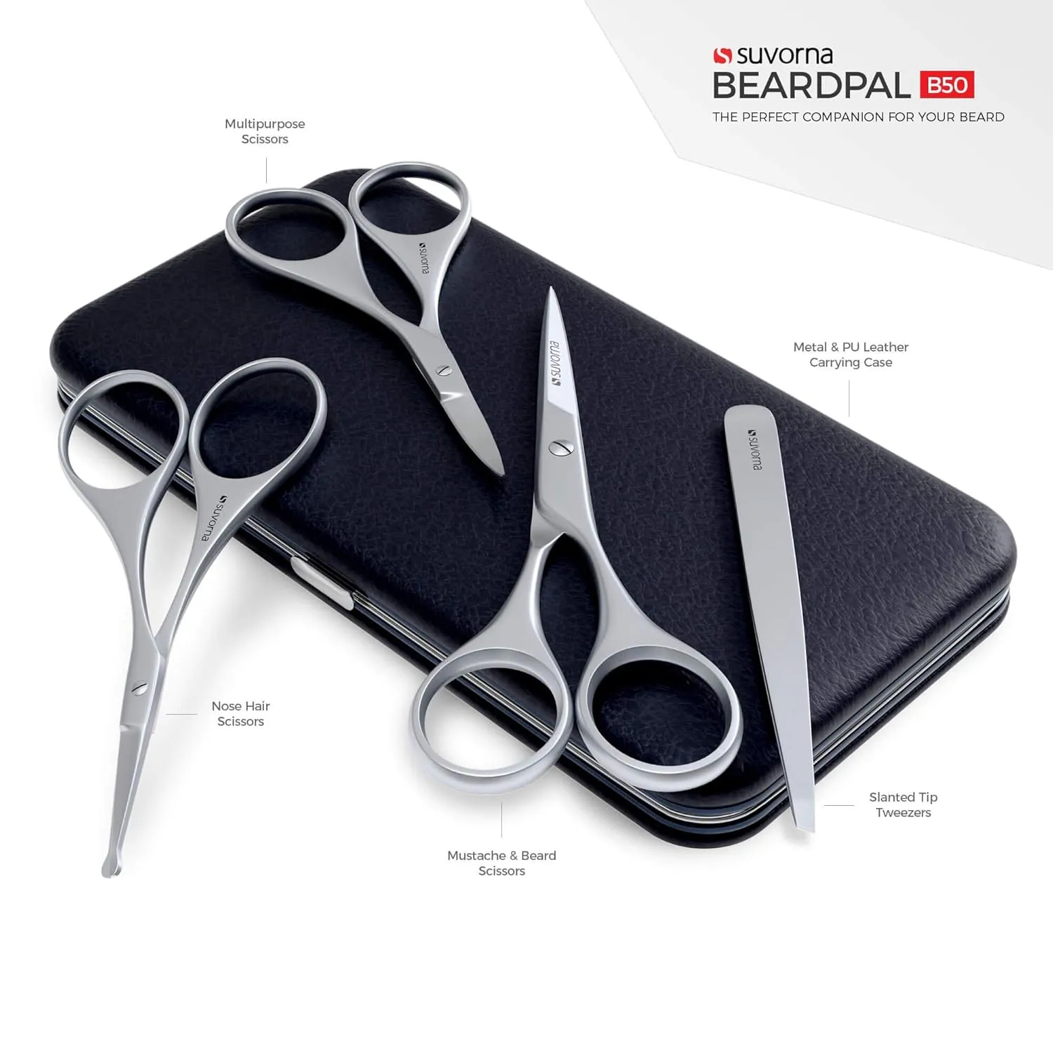 Premium Beard & Mustache Set with Beard scissors for men - Facial Hair/Nose/Eyebrow Scissors - Slant Tweezers (4 Pcs Dark Blue)