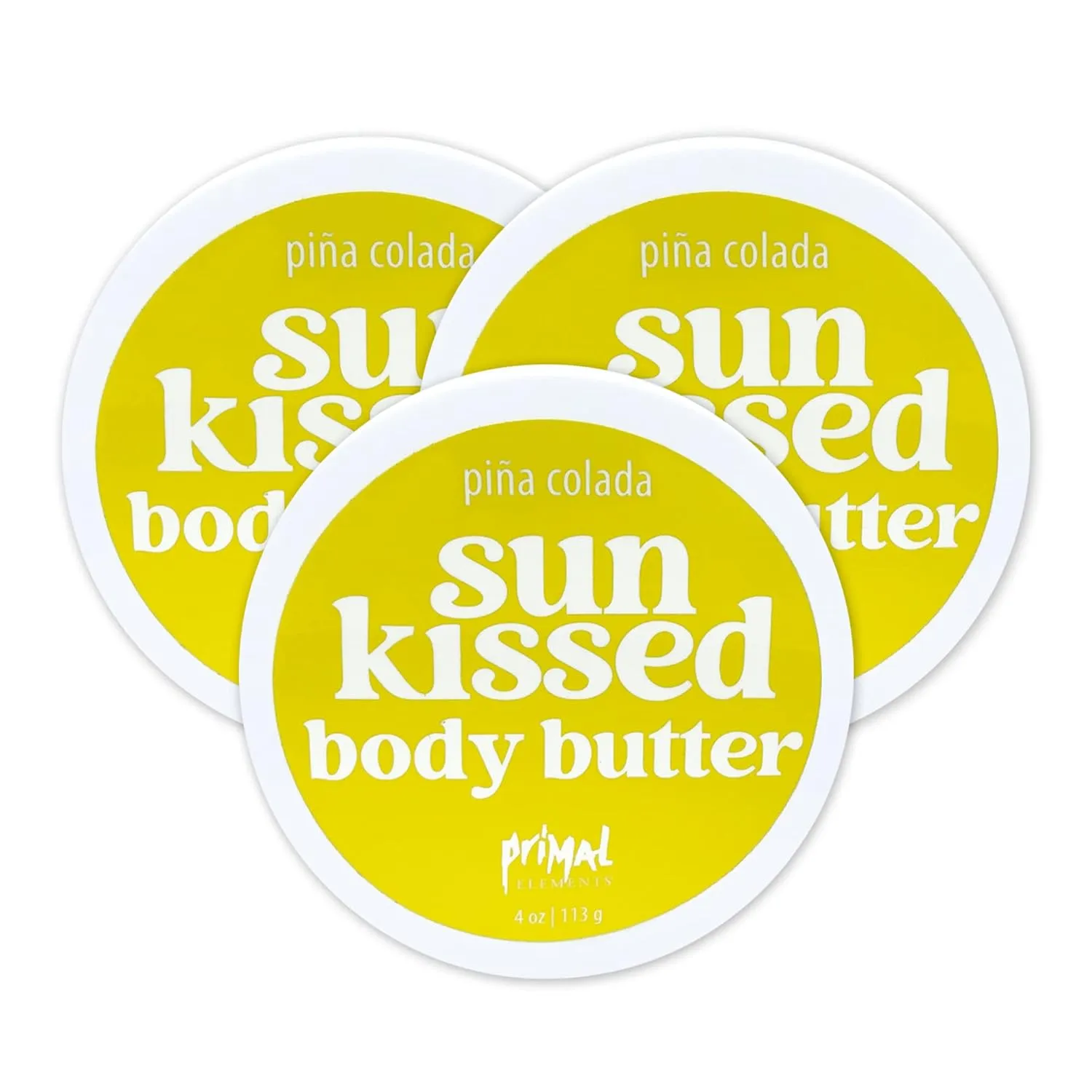 Primal Elements Sunkissed Body Butter with Coconut Oil, Shimmering Moisturizer for Ultimate Hydration and Nourishment, Suitable for All Skin Types, Instant Glow – Pina Colada, 3 pack (4 oz each)