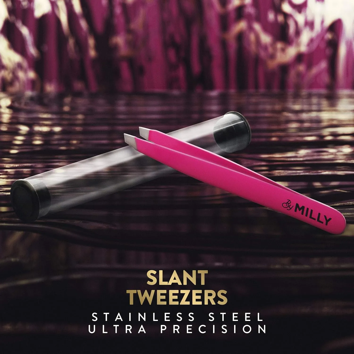 Professional Slanted Tweezers for Women and Men | High Carbon Stainless Steel Sharp Tweezers | Women's Facial Hair Plucking, Hand-Filed & Aligned Precision Slant Tips - Pink