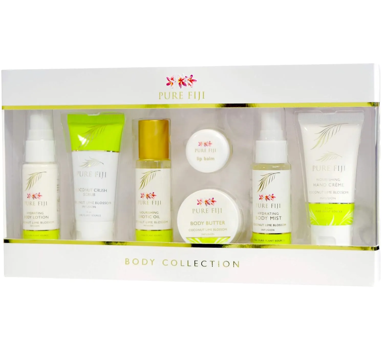 Pure Fiji Body Collection 7-Piece Set - Bath & Body Gifts: Coconut Lime Blossom Scented - Mist, Oil, Butter, Lotion, Soap, Hand Cream - Travel Size