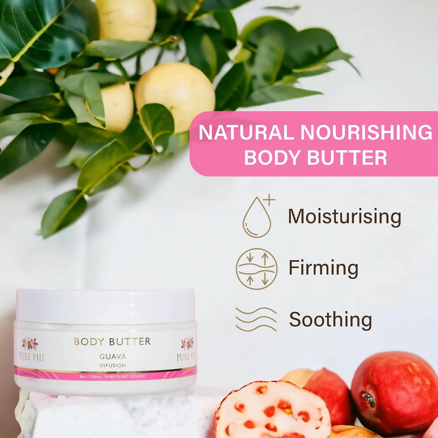 PURE FIJI Body Butter - Moisturizer Body Butter Cream - Face Cream and Body Lotion for Dry Skin with Natural Oils & Vitamin E, Body Butter For Women for Men, Guava, 8oz