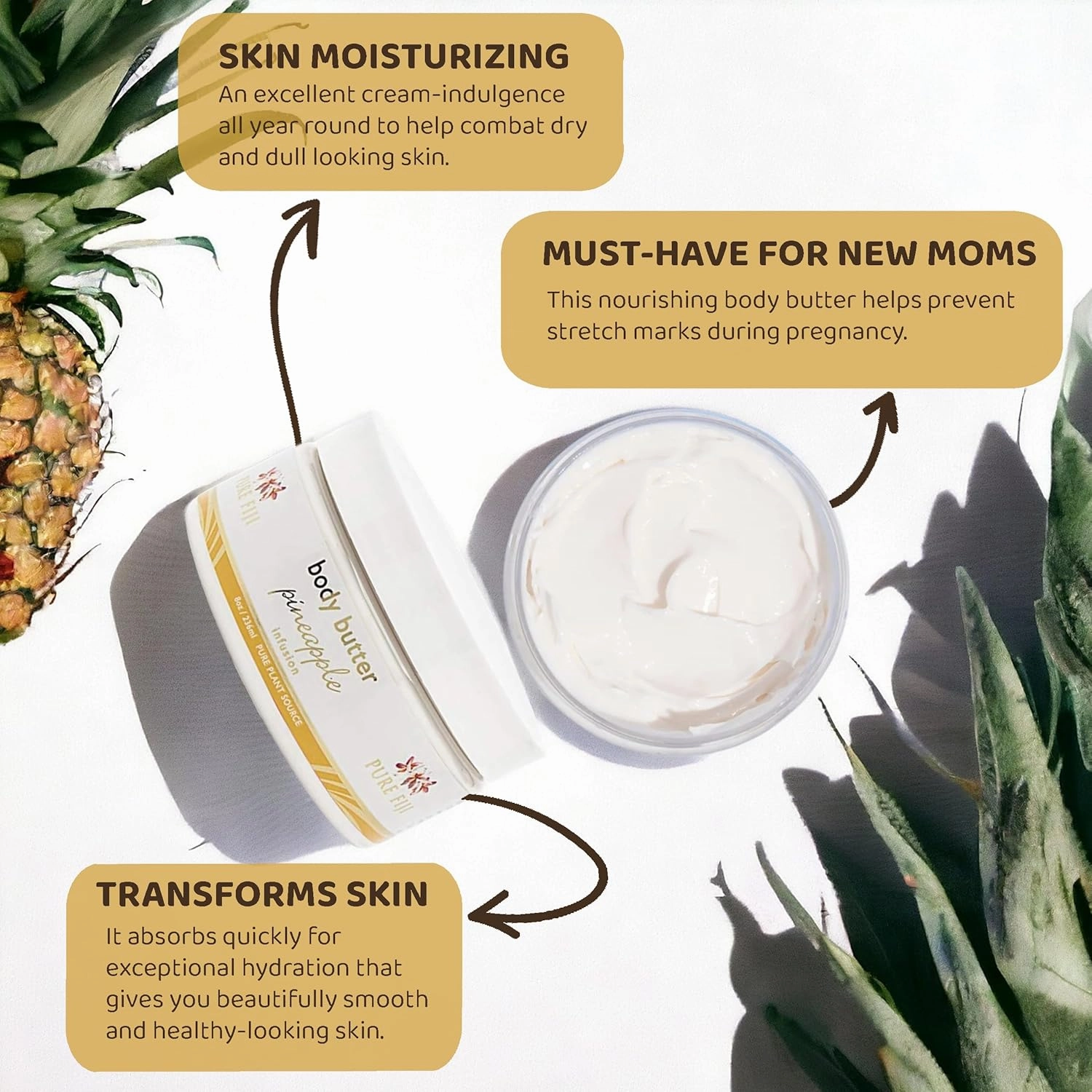 PURE FIJI Body Butter - Moisturizer Body Butter Cream - Face Cream and Body Lotion for Dry Skin with Natural Oils & Vitamin E, Body Butter For Women for Men,Pineapple, 8oz