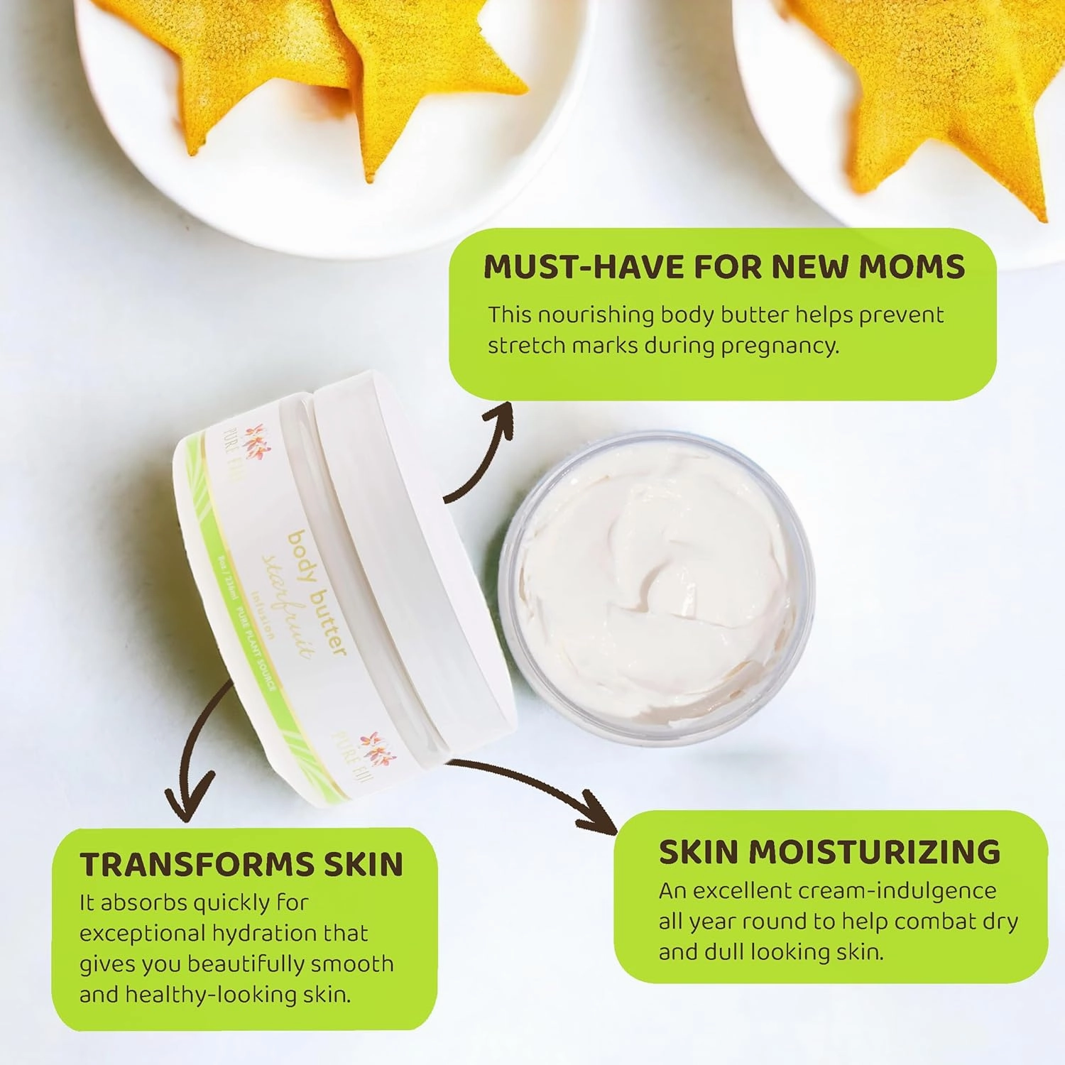 PURE FIJI Body Butter - Moisturizer Body Butter Cream - Face Cream and Body Lotion for Dry Skin with Natural Oils & Vitamin E, Body Butter For Women for Men,Starfruit, 8oz