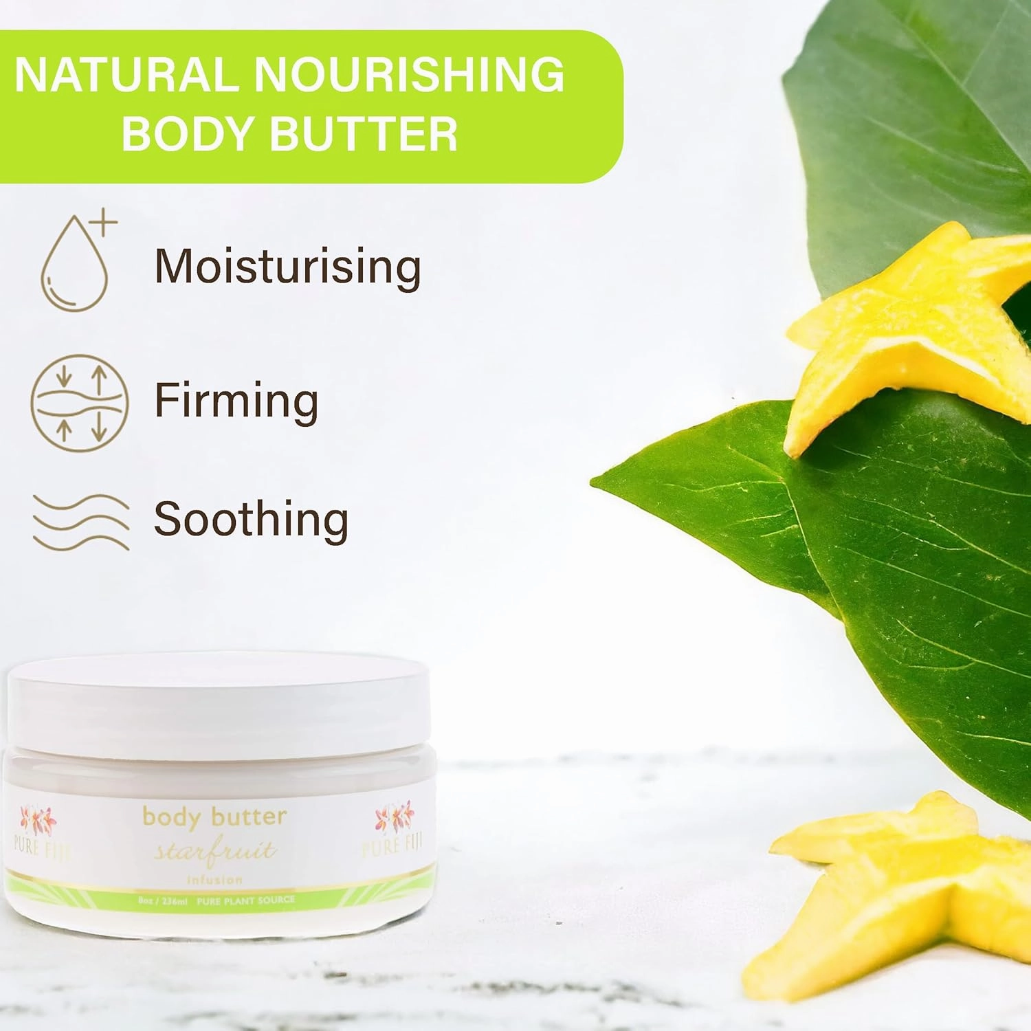 PURE FIJI Body Butter - Moisturizer Body Butter Cream - Face Cream and Body Lotion for Dry Skin with Natural Oils & Vitamin E, Body Butter For Women for Men,Starfruit, 8oz