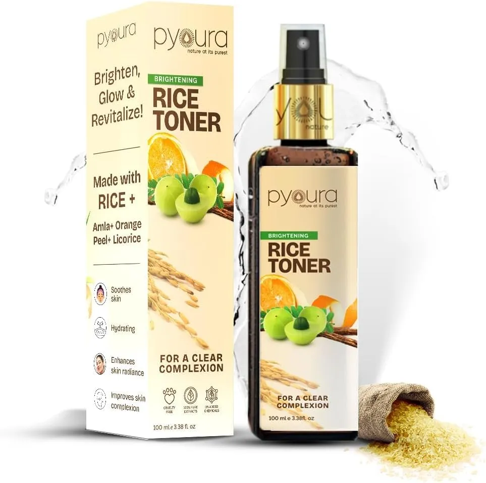 P.Y.O.U.R.A. Skin Brightening Brown Rice Water Hydrating Toner Niacin Rich, with Orange Peel, Extracts, Helps Even Skin Tone, Alcohol Free 100% Natural Face Mist, 100ml