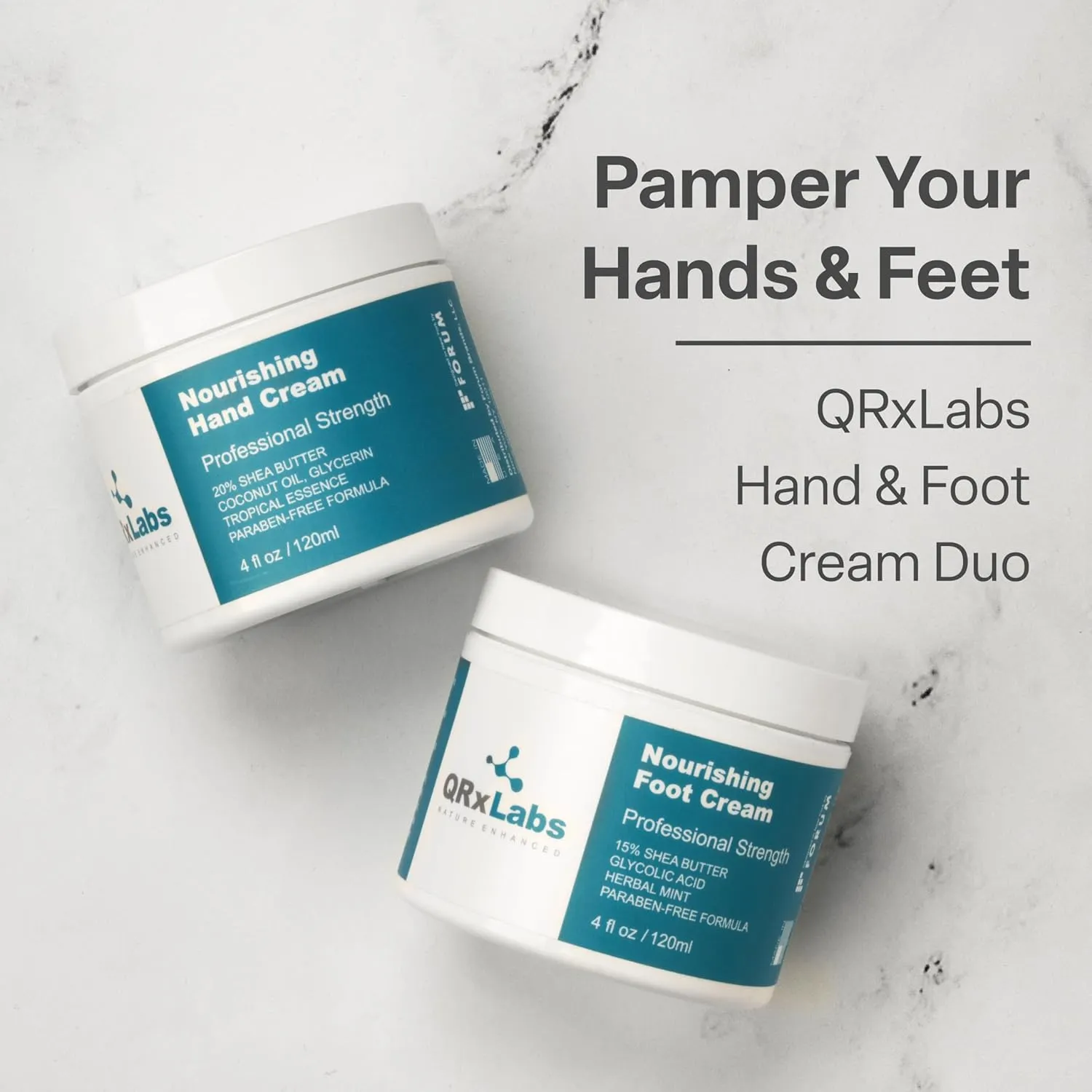 QRxLabs Shea Hand & Foot Cream Bundle - 4 oz - Hydrating Formula with Shea Butter, Coconut Oil, Vitamin E, & Glycolic Acid - Soften, Moisturize, Repair Dry Hands & Feet - Non-Greasy, Paraben-Free
