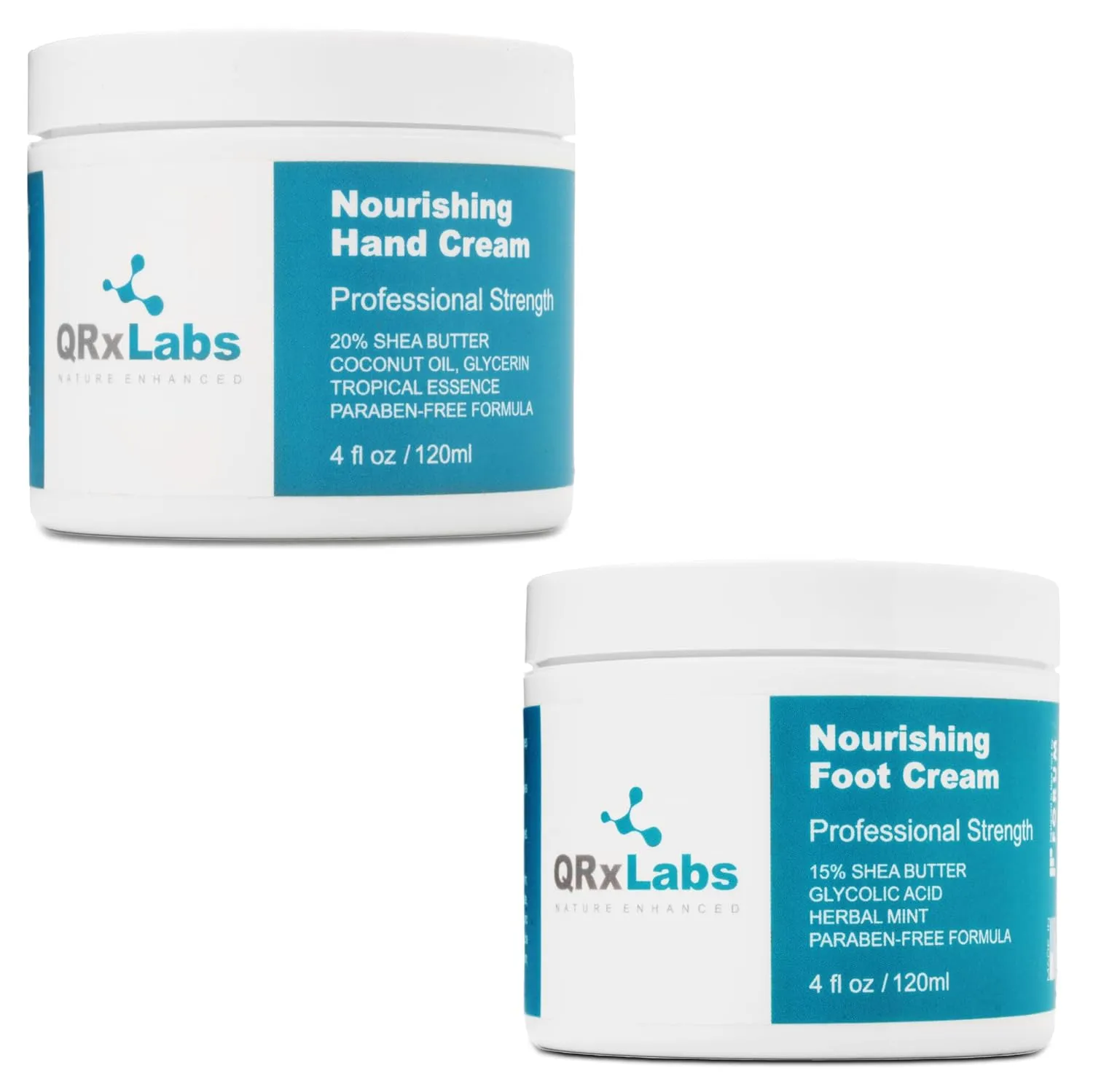QRxLabs Shea Hand & Foot Cream Bundle - 4 oz - Hydrating Formula with Shea Butter, Coconut Oil, Vitamin E, & Glycolic Acid - Soften, Moisturize, Repair Dry Hands & Feet - Non-Greasy, Paraben-Free
