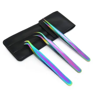 Quewel Eyelash Extension Tweezers Set Eyelash Applicator Tool Curved and Straight pointed Tweezers Lash Extension Supplies Stainless Steel Precision Tweezers Silver (3 pcs, Rainbow)