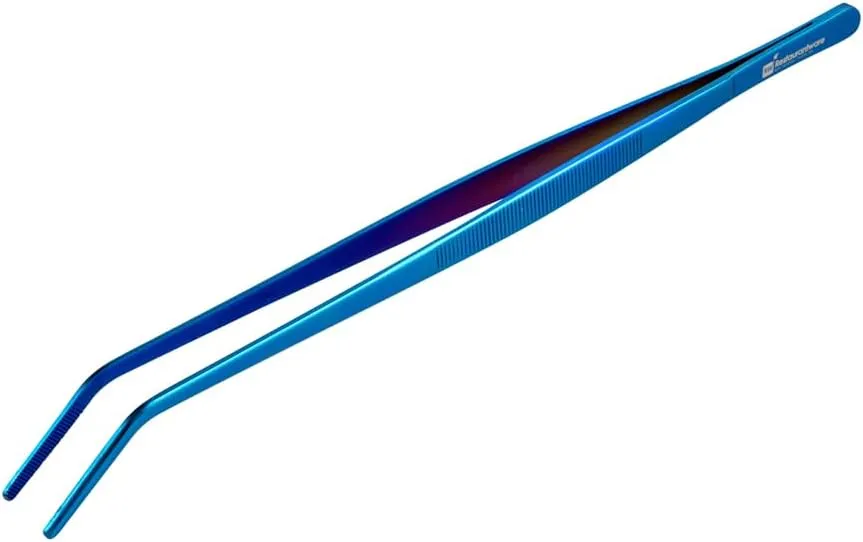 Restaurantware Perfect Point 11.8 Inch Curved Tweezers 1 Long Slant Nose Food Tweezers - Serrated Tips For Precision For Garnishing Plating Or Decorating Blue Stainless Steel Kitchen Tweezers