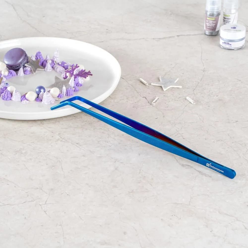 Restaurantware Perfect Point 11.8 Inch Curved Tweezers 1 Long Slant Nose Food Tweezers - Serrated Tips For Precision For Garnishing Plating Or Decorating Blue Stainless Steel Kitchen Tweezers