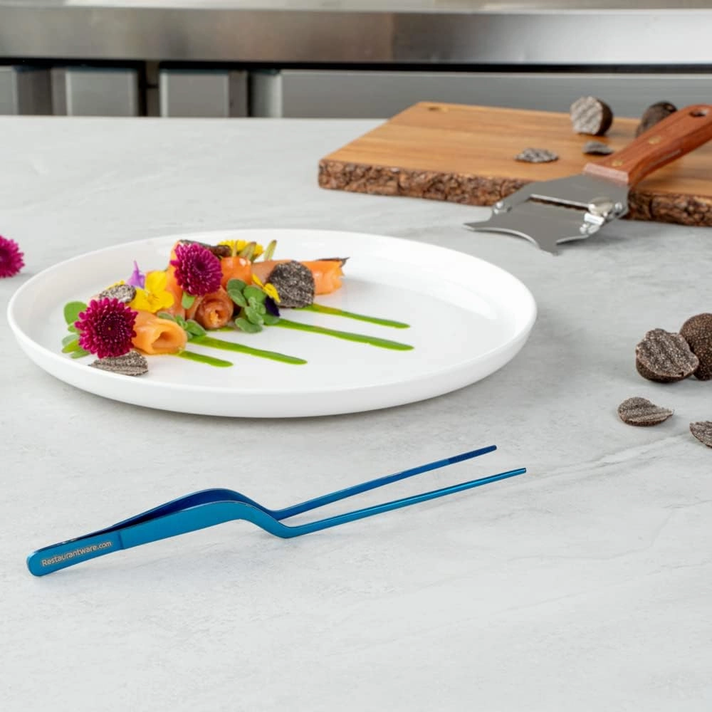 Restaurantware Perfect Point 7.9 Inch Food Tweezers 1 Offset Kitchen Tweezers - Serrated Tips For Precision For Garnishing Plating Or Decorating Blue Stainless Steel Offset Tweezers Durable