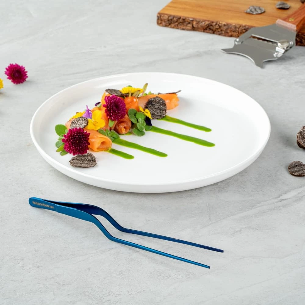 Restaurantware Perfect Point 7.9 Inch Food Tweezers 1 Offset Kitchen Tweezers - Serrated Tips For Precision For Garnishing Plating Or Decorating Blue Stainless Steel Offset Tweezers Durable