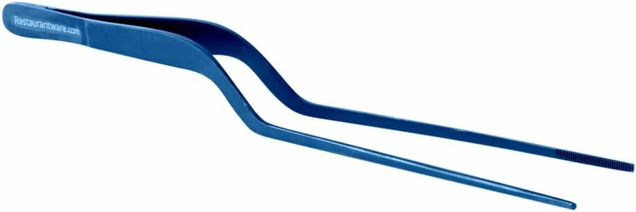 Restaurantware Perfect Point 7.9 Inch Food Tweezers 1 Offset Kitchen Tweezers - Serrated Tips For Precision For Garnishing Plating Or Decorating Blue Stainless Steel Offset Tweezers Durable
