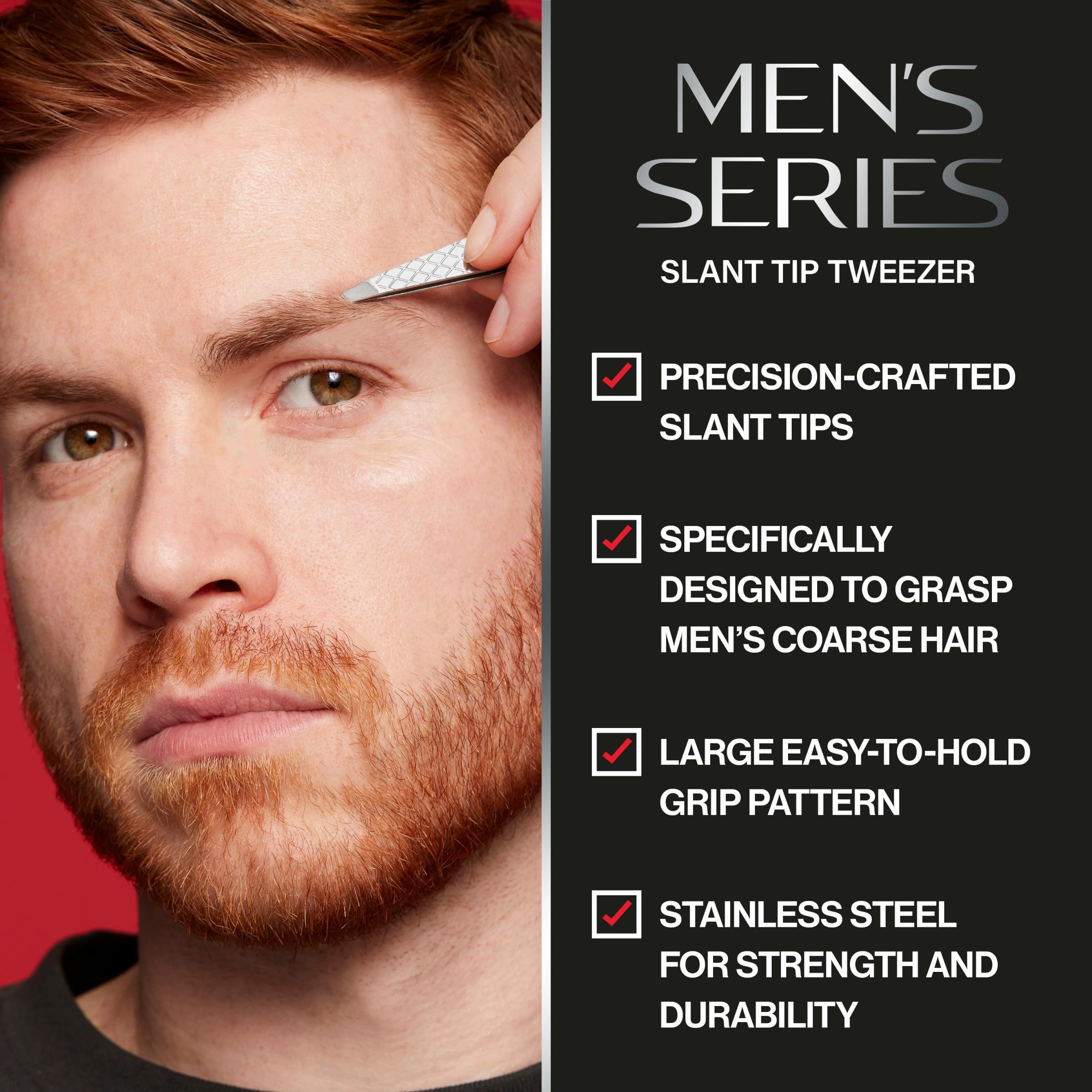 Revlon Slanted Tip Tweezers for Men, Ultra-Sharp for Precision Eyebrow Shaping and Facial Hair Removal, Larger Non-Slip Grip, Stainless Steel, 1 count