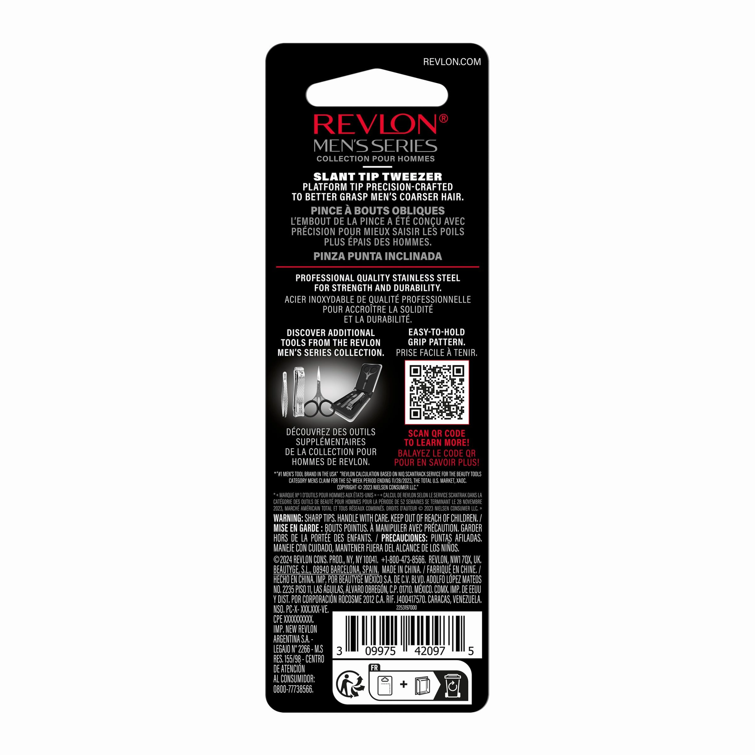 Revlon Slanted Tip Tweezers for Men, Ultra-Sharp for Precision Eyebrow Shaping and Facial Hair Removal, Larger Non-Slip Grip, Stainless Steel, 1 count