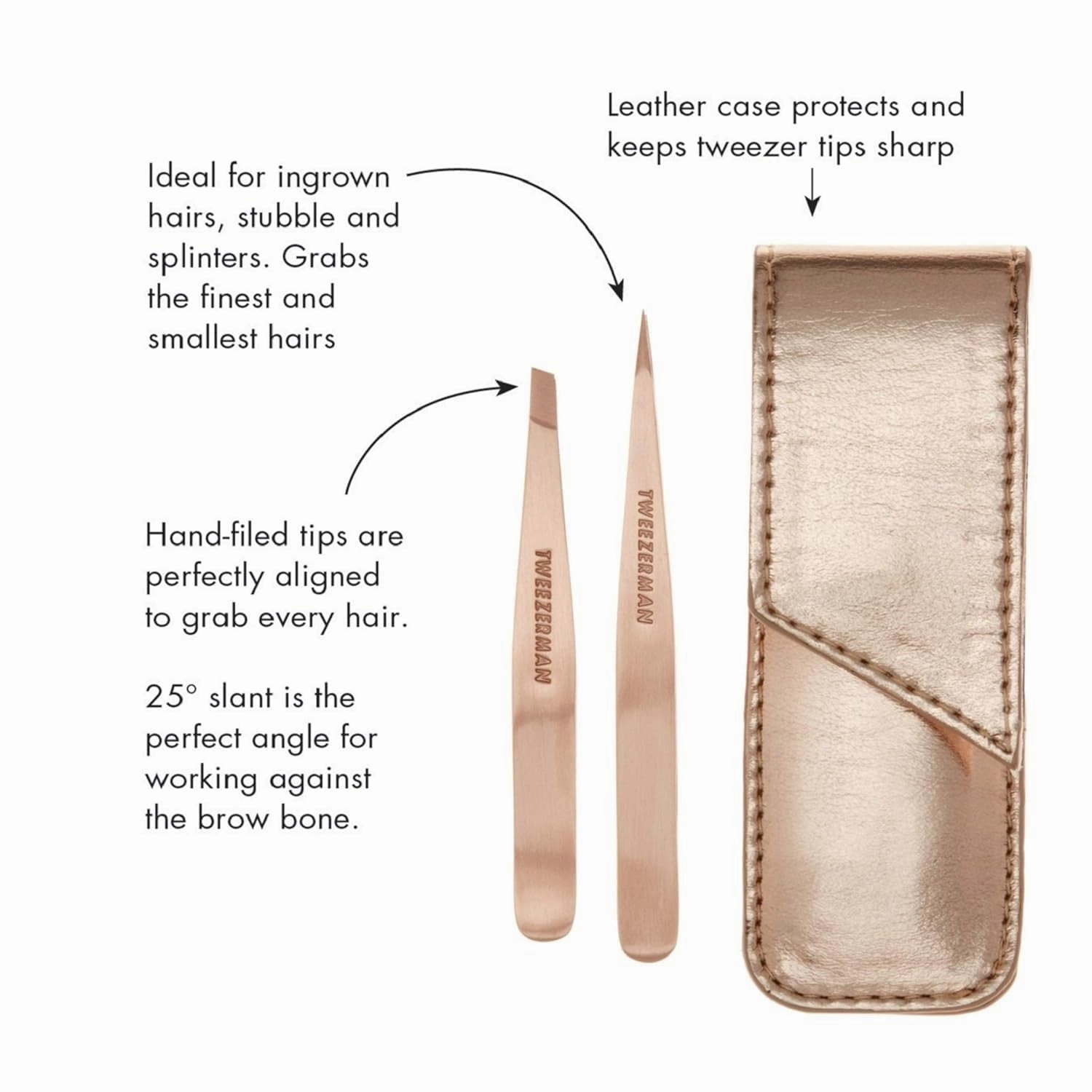 Rose Gold Petite Point and Slant Tweezer Set with Travel Case