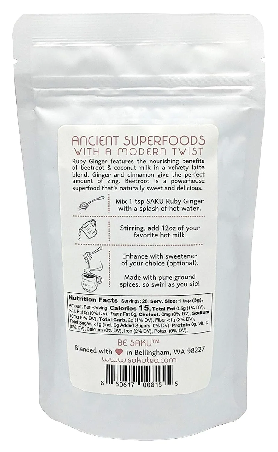 SAKU Tea, Ruby Ginger Beetroot Latte Blend, Super Food Latte, 3oz Bag