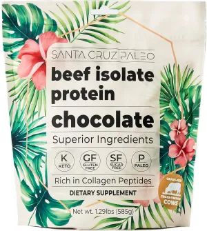 Santa Cruz Paleo Beef Isolate Protein Powder, Chocolate, Rich in Collagen Peptides, Gluten Free, Keto, Sugar Free, Paleo, 20g Grass Fed Protein Per Serving, Low Calorie Clean Protein Powder, 1.29 Lbs