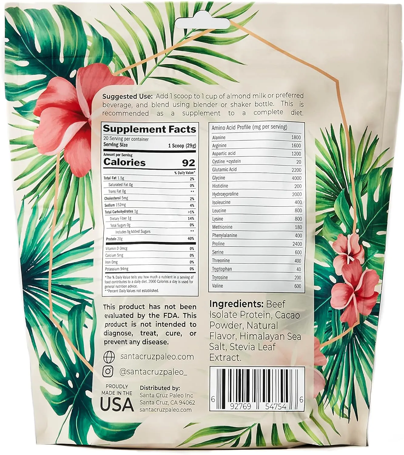 Santa Cruz Paleo Beef Isolate Protein Powder, Chocolate, Rich in Collagen Peptides, Gluten Free, Keto, Sugar Free, Paleo, 20g Grass Fed Protein Per Serving, Low Calorie Clean Protein Powder, 1.29 Lbs