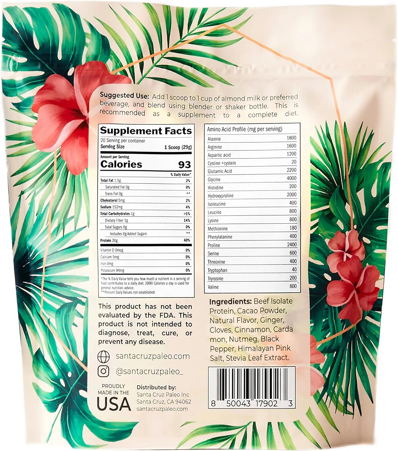 Santa Cruz Paleo Beef Isolate Protein Powder, Horchata, Rich in Collagen Peptides, Gluten Free, Keto, Sugar Free, Paleo, 20g Grass Fed Protein Per Serving, Low Calorie Clean Protein Powder, 1.11 Lbs