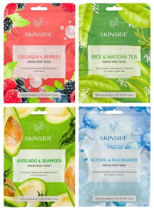 Serum Sheet Mask for Glowing Skin with Hyaluronic Acid | Face Mask Sheets Combo for |Instant Brightening | (4, Rice & Matcha Tea | Avocado & Sea Weed | Retinol & Niacinamide | Collagen & Berries)