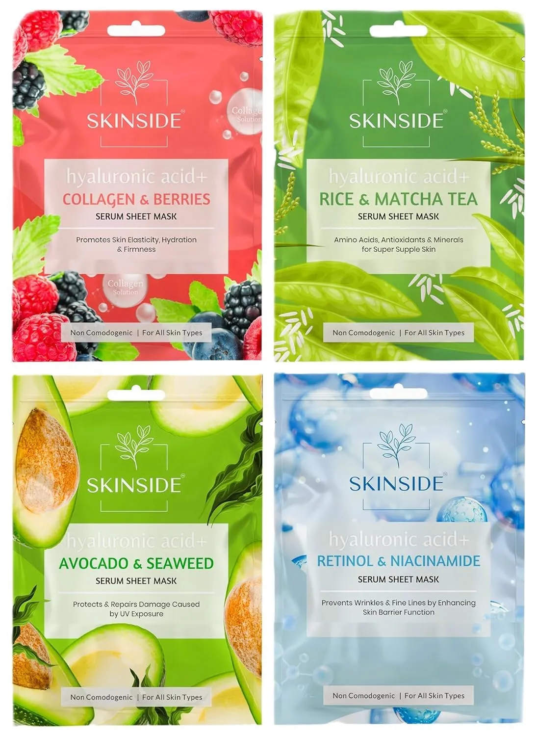 Serum Sheet Mask for Glowing Skin with Hyaluronic Acid | Face Mask Sheets Combo for |Instant Brightening | (4, Rice & Matcha Tea | Avocado & Sea Weed | Retinol & Niacinamide | Collagen & Berries)