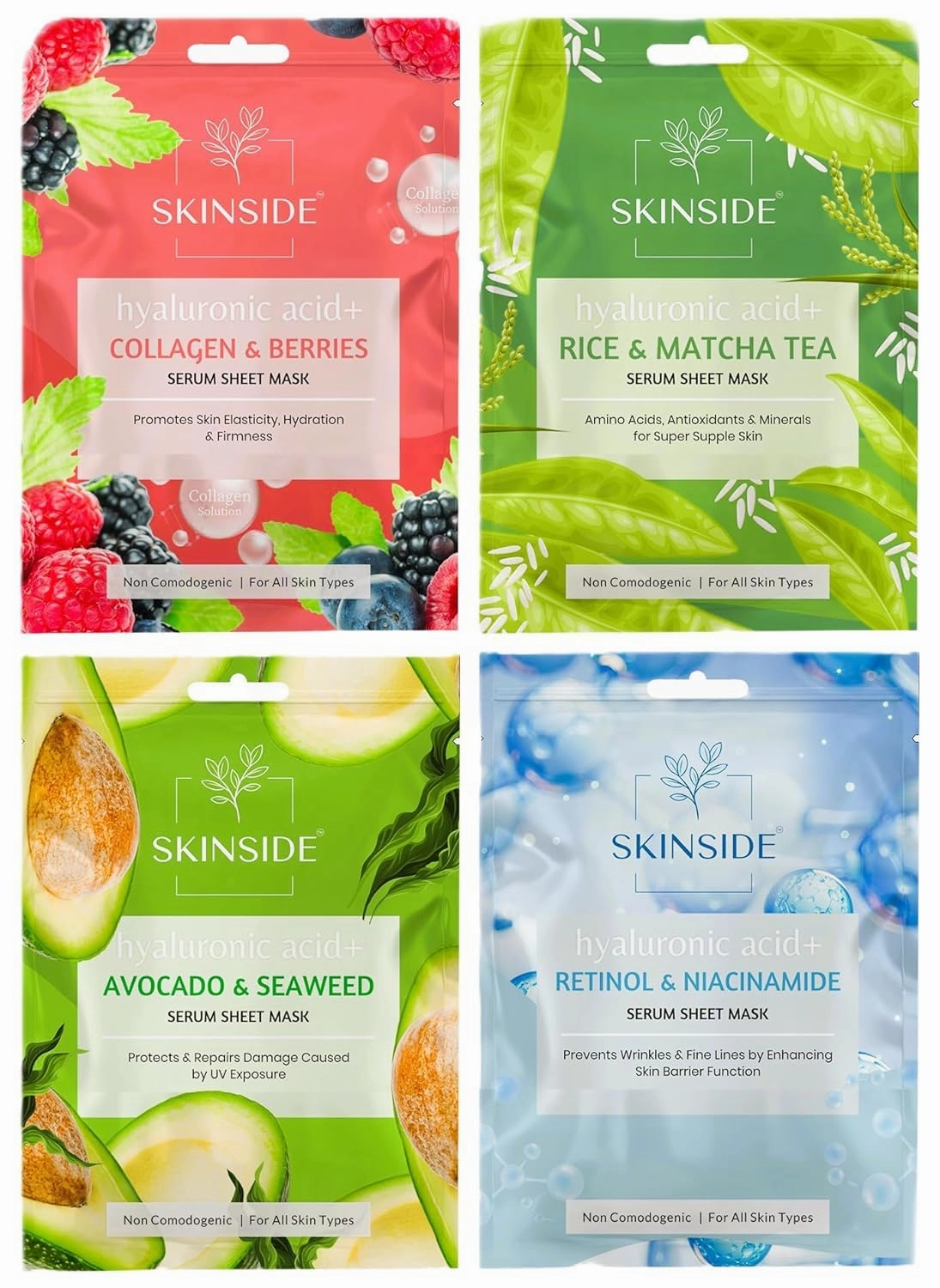 Serum Sheet Mask for Glowing Skin with Hyaluronic Acid | Face Mask Sheets Combo for |Instant Brightening | (4, Rice & Matcha Tea | Avocado & Sea Weed | Retinol & Niacinamide | Collagen & Berries)