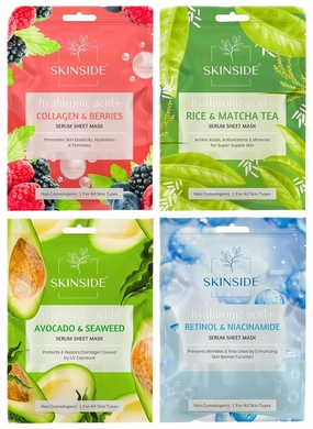 Serum Sheet Mask for Glowing Skin with Hyaluronic Acid | Face Mask Sheets Combo for |Instant Brightening | (4, Rice & Matcha Tea | Avocado & Sea Weed | Retinol & Niacinamide | Collagen & Berries)