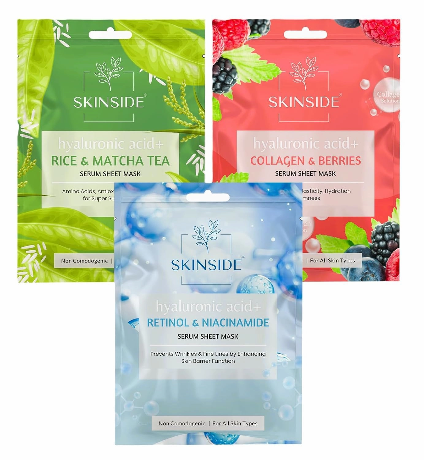 Serum Sheet Mask for Glowing Skin with Hyaluronic Acid | Face Mask Sheets Combo for |Tan & Blackheads Removal | Instant Brightening (3, Rice & Matcha Tea | Collagen & Berries | Retinol & Niacinamide)