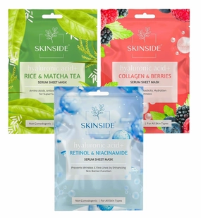 Serum Sheet Mask for Glowing Skin with Hyaluronic Acid | Face Mask Sheets Combo for |Tan & Blackheads Removal | Instant Brightening (3, Rice & Matcha Tea | Collagen & Berries | Retinol & Niacinamide)
