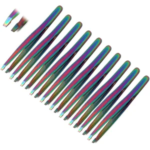 Set of 10 Multi Titanium Color Rainbow Eyebrow Tweezers Slant TIP Stainless Steel A  Quality