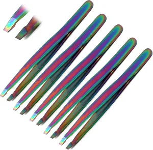 SET OF 5 MULTI TITANIUM COLOR RAINBOW EYEBROW TWEEZERS SLANT TIP STAINLESS STEEL A  QUALITY