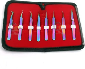 Set of 8 pcs High Precision Multi Rainbow Color Stainless Steel 3D 5D 6D Volume False Eyelash Extension Tweezers by G.S Online Store