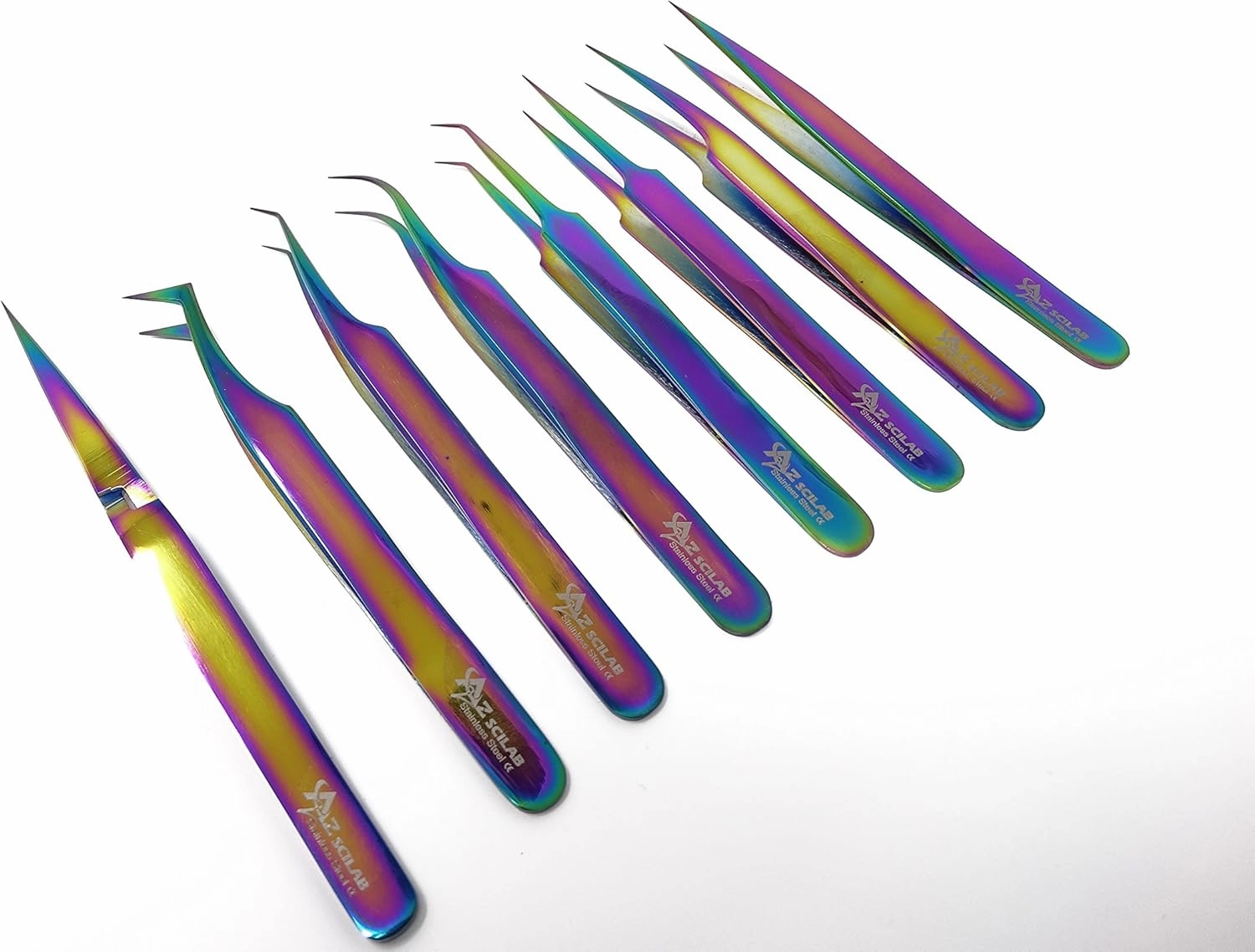 Set of 8 Piece Stainless Steel Colorful Color 3D 5D False Eyelash Extension Tweezers, Premium Quality (Multi Color)