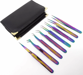 Set of 8 Piece Stainless Steel Colorful Color 3D 5D False Eyelash Extension Tweezers, Premium Quality (Multi Color)