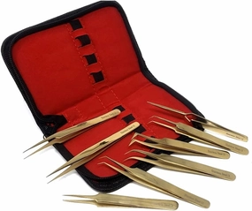 Set of 8 Professional Eyelash Kit Tweezers, Stainless Steel, Precision Pluckers 4.75" Fine Precision Tips for Facial Hair, Splinter and Ingrown Hair Removal Used by Women & Men Gold Color