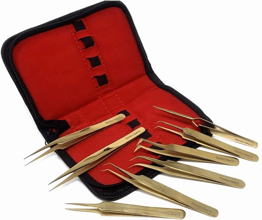 Set of 8 Professional Eyelash Kit Tweezers, Stainless Steel, Precision Pluckers 4.75" Fine Precision Tips for Facial Hair, Splinter and Ingrown Hair Removal Used by Women & Men Gold Color